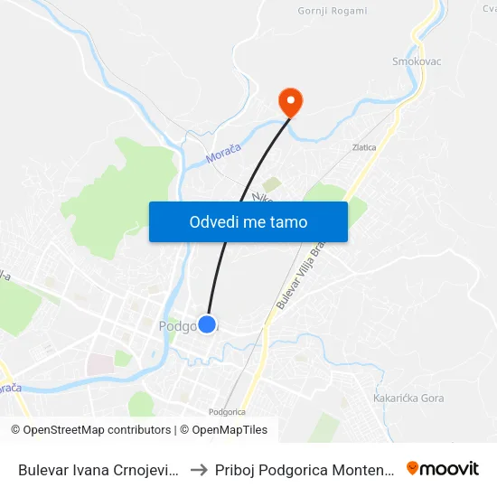 Bulevar Ivana Crnojevića II to Priboj Podgorica Montenegro map