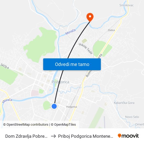 Dom Zdravlja Pobrežje to Priboj Podgorica Montenegro map