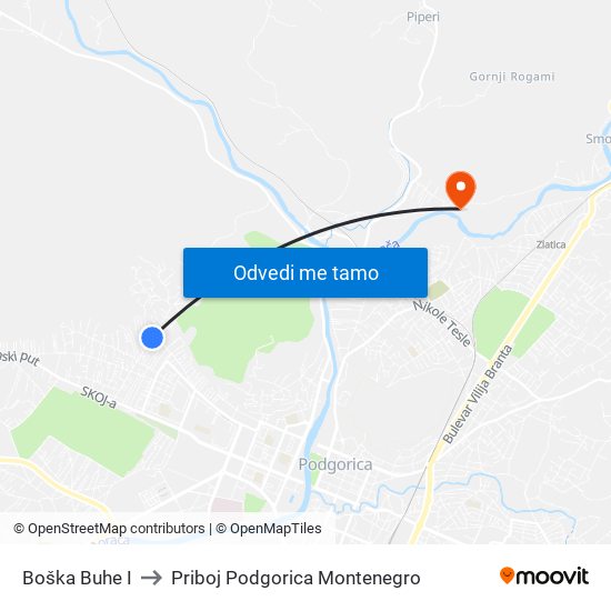 Boška Buhe I to Priboj Podgorica Montenegro map