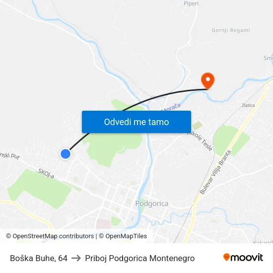 Boška Buhe, 64 to Priboj Podgorica Montenegro map