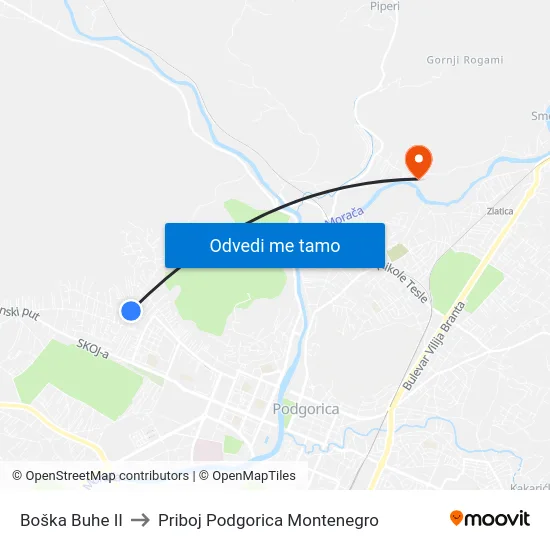 Boška Buhe II to Priboj Podgorica Montenegro map