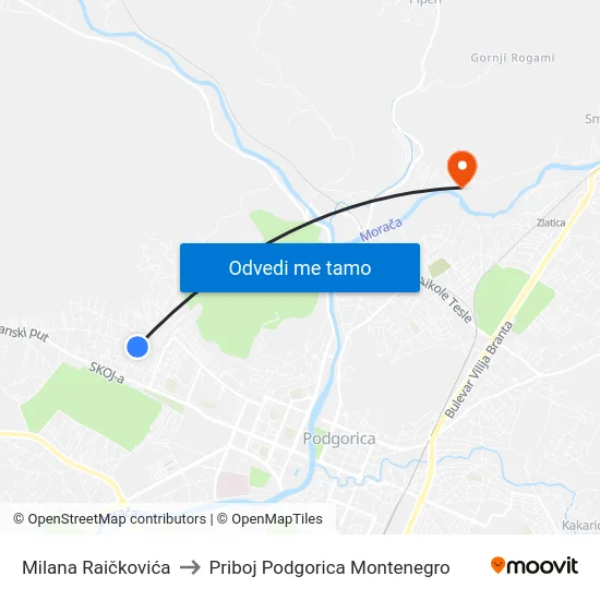 Milana Raičkovića to Priboj Podgorica Montenegro map