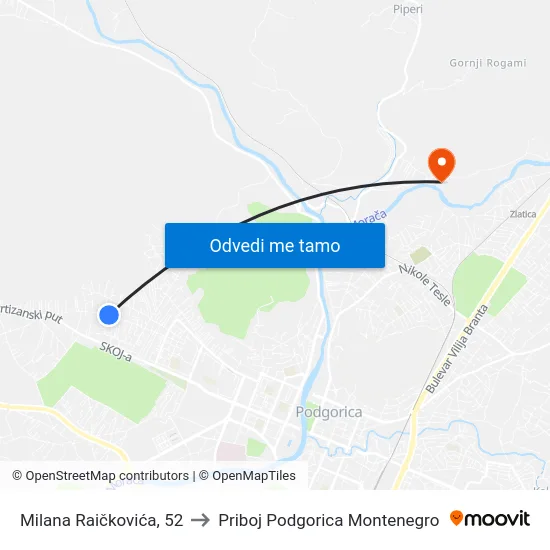 Milana Raičkovića, 52 to Priboj Podgorica Montenegro map