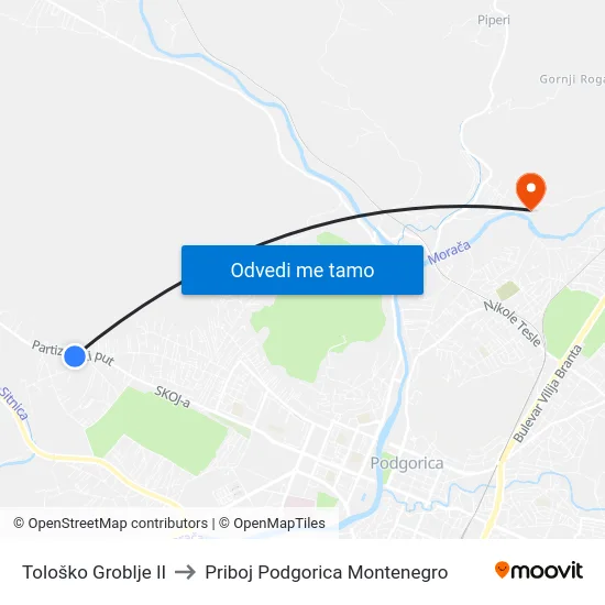 Tološko Groblje II to Priboj Podgorica Montenegro map
