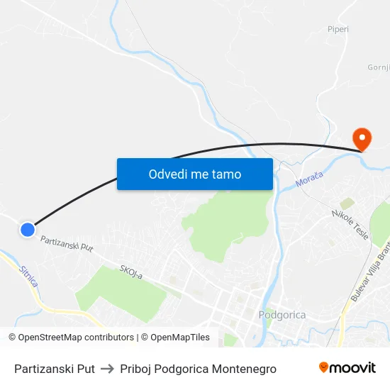 Partizanski Put to Priboj Podgorica Montenegro map