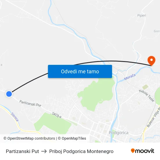 Partizanski Put to Priboj Podgorica Montenegro map