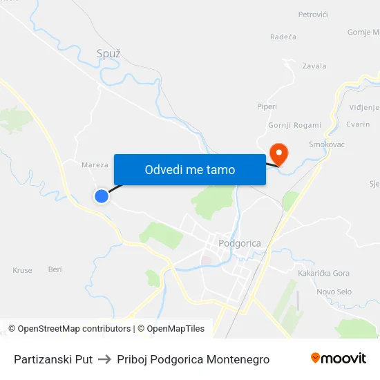 Partizanski Put to Priboj Podgorica Montenegro map