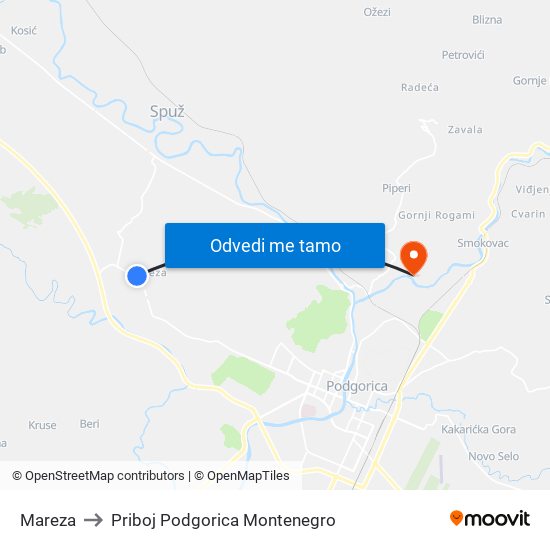 Mareza to Priboj Podgorica Montenegro map