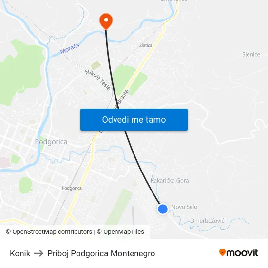 Konik to Priboj Podgorica Montenegro map