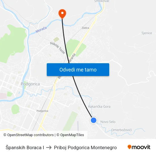 Španskih Boraca I to Priboj Podgorica Montenegro map
