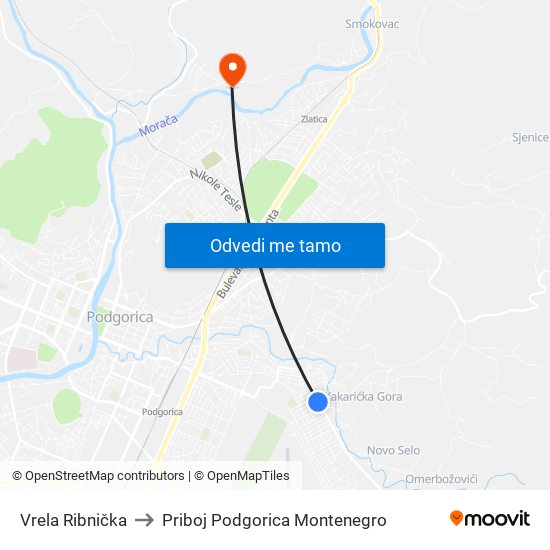 Vrela Ribnička to Priboj Podgorica Montenegro map