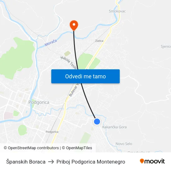 Španskih Boraca to Priboj Podgorica Montenegro map