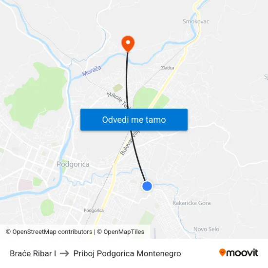 Braće Ribar I to Priboj Podgorica Montenegro map