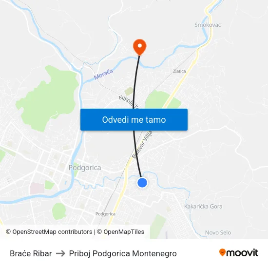 Braće Ribar to Priboj Podgorica Montenegro map