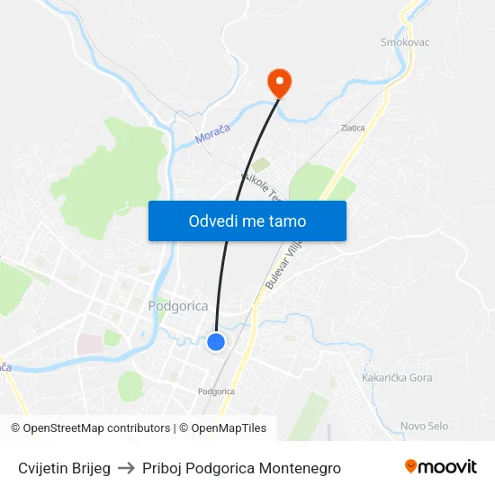 Cvijetin Brijeg to Priboj Podgorica Montenegro map