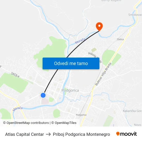 Atlas Capital Centar to Priboj Podgorica Montenegro map