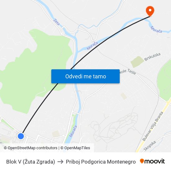 Blok V (Žuta Zgrada) to Priboj Podgorica Montenegro map