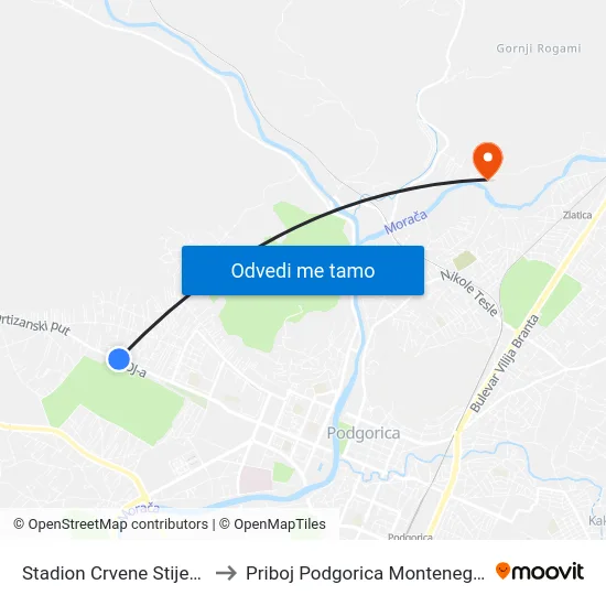 Stadion Crvene Stijene to Priboj Podgorica Montenegro map