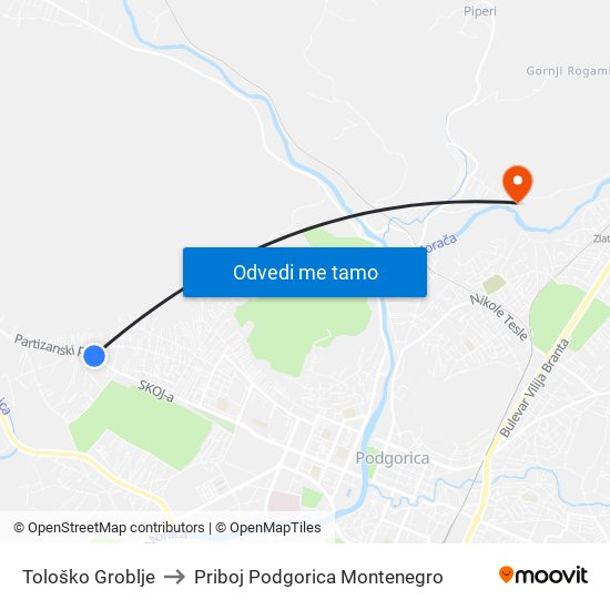 Tološko Groblje to Priboj Podgorica Montenegro map