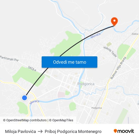 Miloja Pavlovića to Priboj Podgorica Montenegro map
