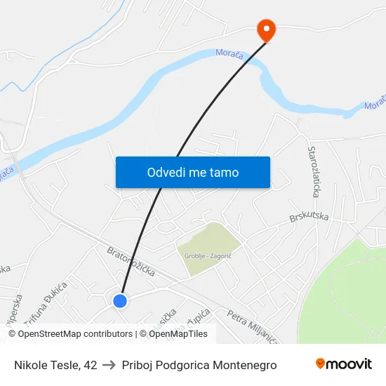 Nikole Tesle, 42 to Priboj Podgorica Montenegro map