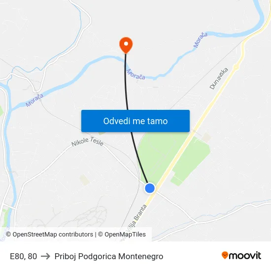 E80, 80 to Priboj Podgorica Montenegro map