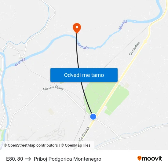 E80, 80 to Priboj Podgorica Montenegro map