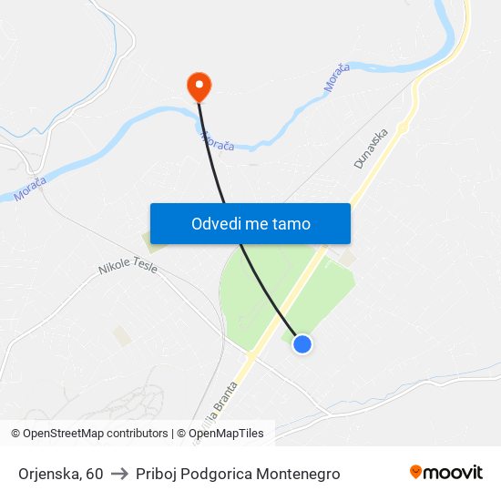 Orjenska, 60 to Priboj Podgorica Montenegro map