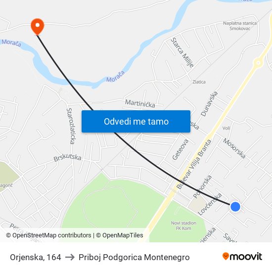 Orjenska, 164 to Priboj Podgorica Montenegro map