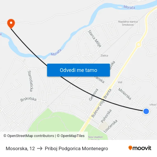 Mosorska, 12 to Priboj Podgorica Montenegro map