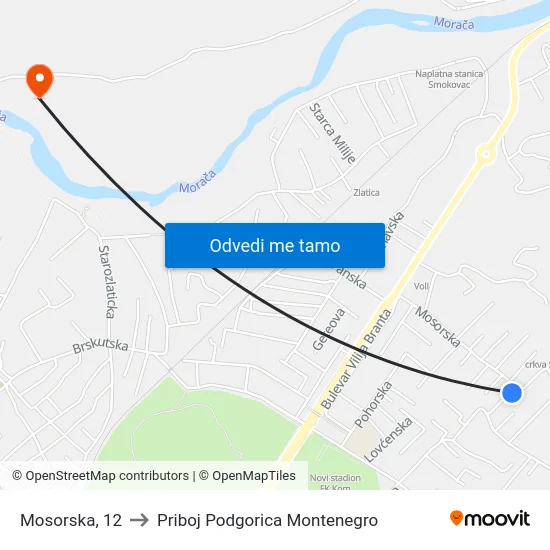 Mosorska, 12 to Priboj Podgorica Montenegro map