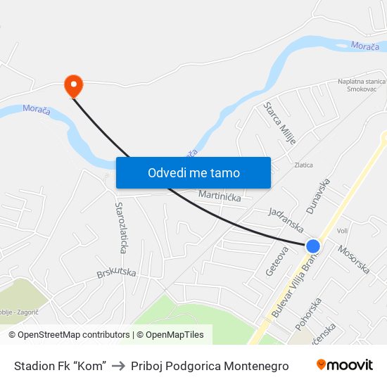 Stadion Fk “Kom” to Priboj Podgorica Montenegro map