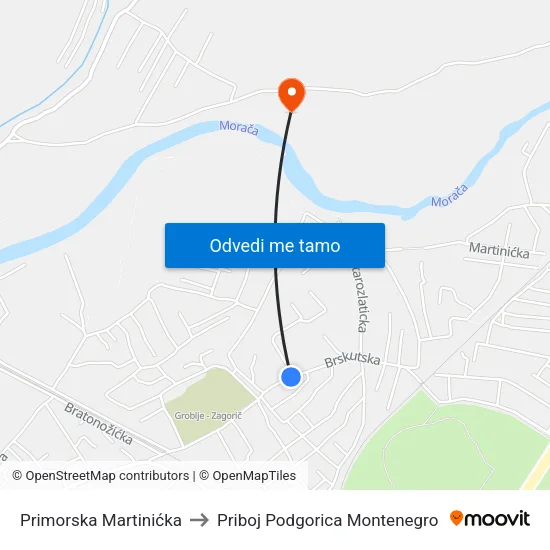 Primorska Martinićka to Priboj Podgorica Montenegro map