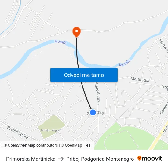 Primorska Martinićka to Priboj Podgorica Montenegro map