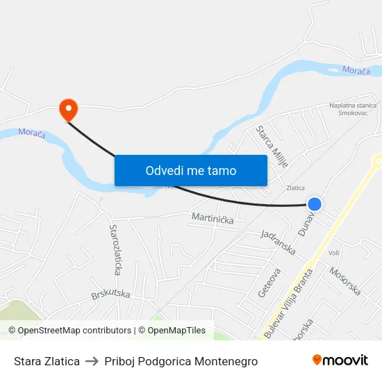 Stara Zlatica to Priboj Podgorica Montenegro map