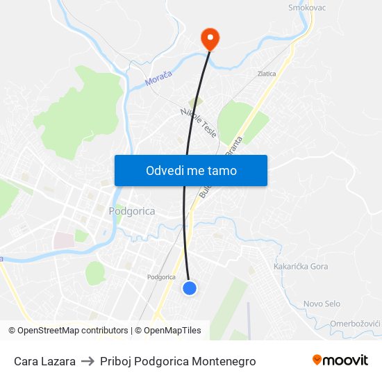 Cara Lazara to Priboj Podgorica Montenegro map