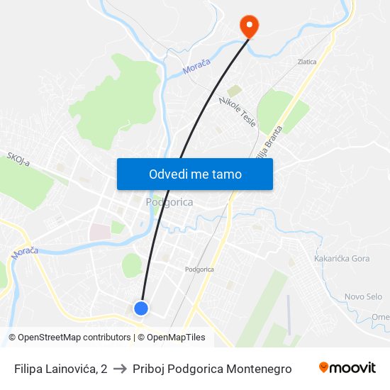 Filipa Lainovića, 2 to Priboj Podgorica Montenegro map