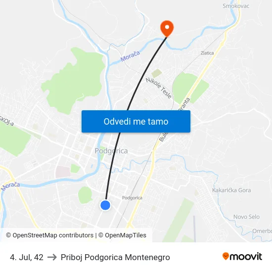 4. Jul, 42 to Priboj Podgorica Montenegro map