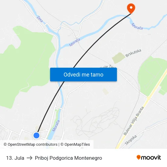 13. Jula to Priboj Podgorica Montenegro map