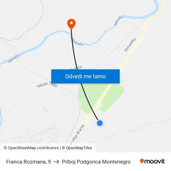 Franca Rozmana, 9 to Priboj Podgorica Montenegro map