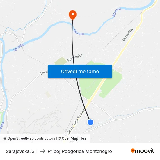 Sarajevska, 31 to Priboj Podgorica Montenegro map