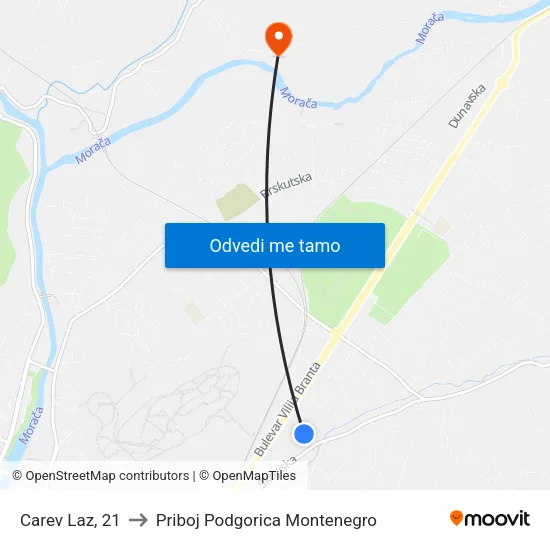Carev Laz, 21 to Priboj Podgorica Montenegro map
