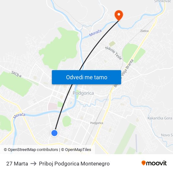 27 Marta to Priboj Podgorica Montenegro map