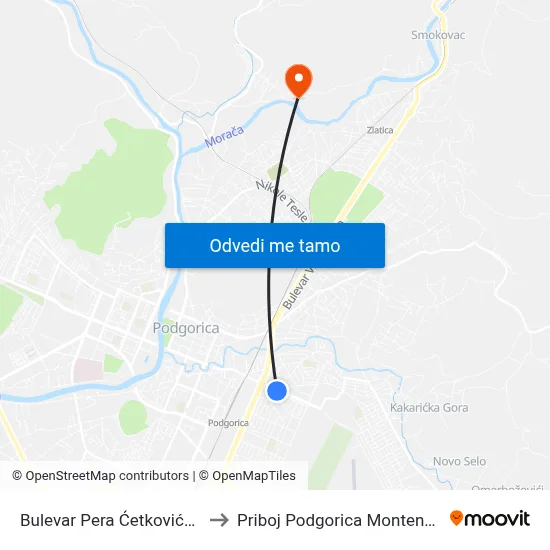 Bulevar Pera Ćetkovića 52 to Priboj Podgorica Montenegro map