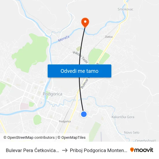 Bulevar Pera Ćetkovića 161 to Priboj Podgorica Montenegro map