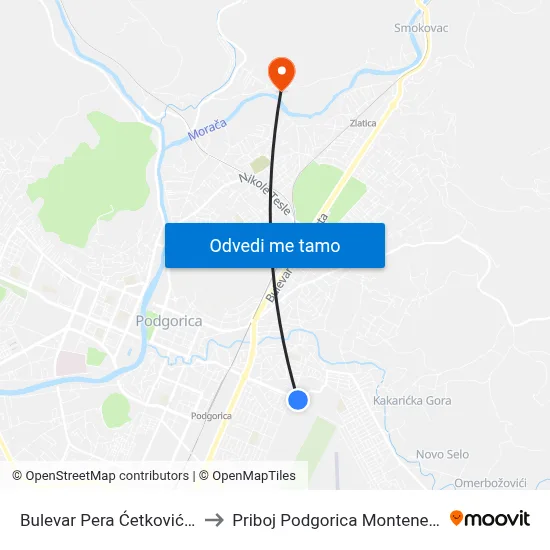 Bulevar Pera Ćetkovića 9 to Priboj Podgorica Montenegro map