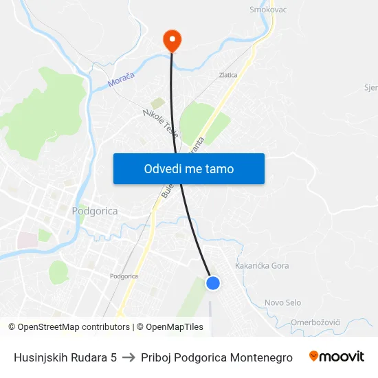 Husinjskih Rudara 5 to Priboj Podgorica Montenegro map