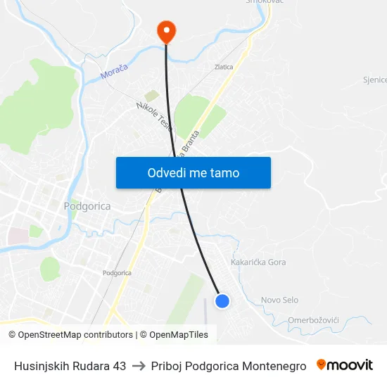 Husinjskih Rudara 43 to Priboj Podgorica Montenegro map