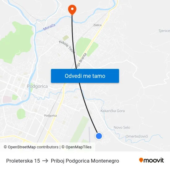 Proleterska 15 to Priboj Podgorica Montenegro map