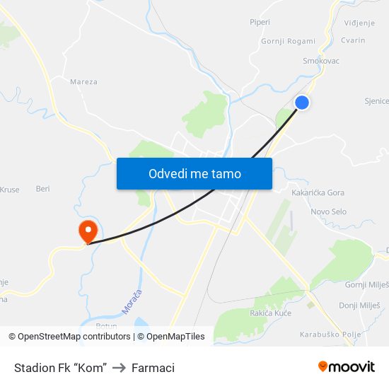 Stadion Fk “Kom” to Farmaci map